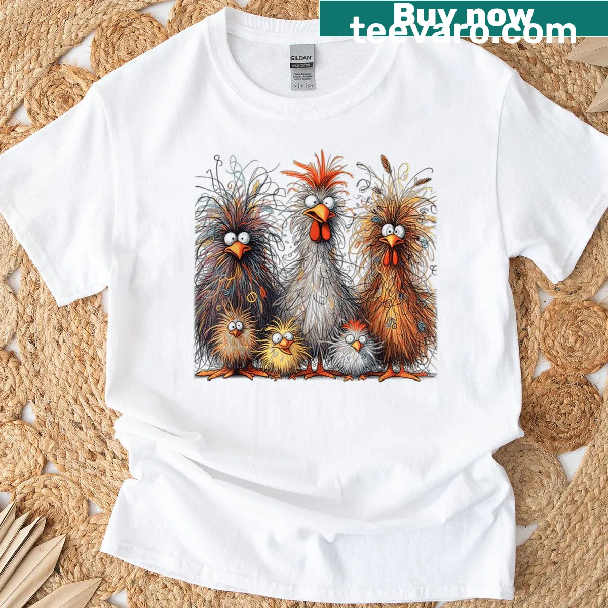 Playful cartoon chickens in a funny family design — on a men's t-shirt