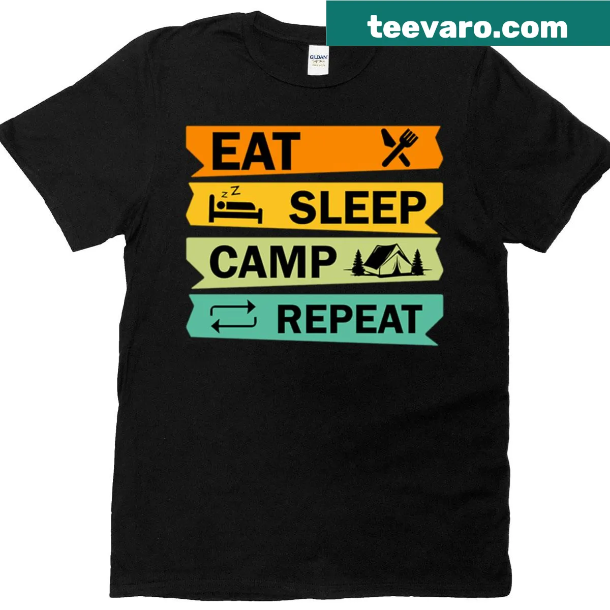 Funny camping t-shirt with Eat Sleep Camp Repeat slogan — on a men's t-shirt
