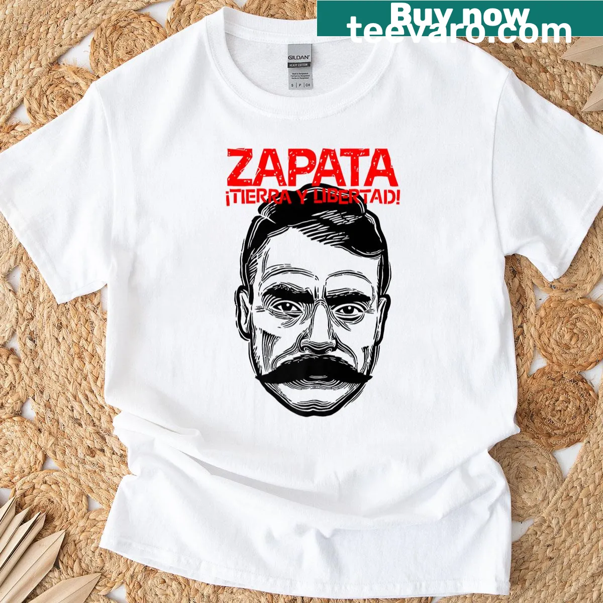 T-shirt featuring Emiliano Zapata quote 'Tierra Y Libertad' — on a men's t-shirt