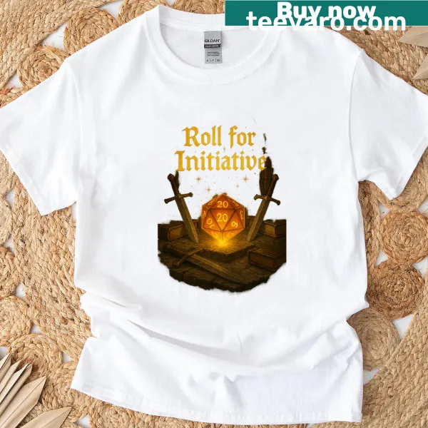 Whimsical design of a D20 dice in a medieval dungeon on a t-shirt