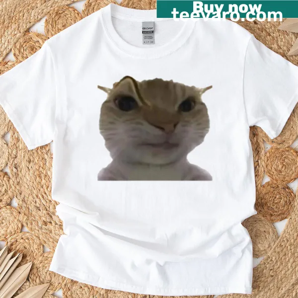 Cartoon cat with silly eyebrows graphic on a t-shirt