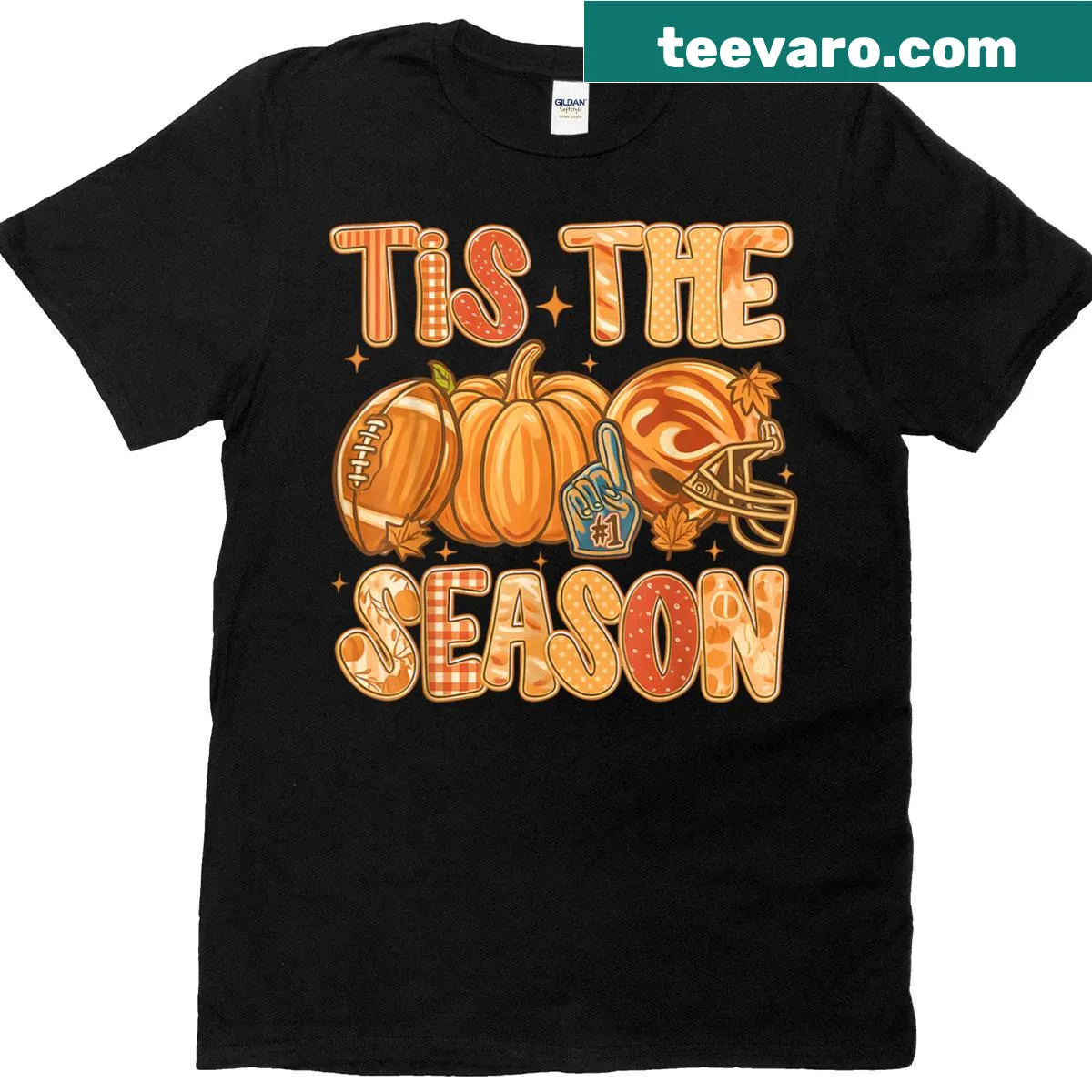 Autumn-themed T-shirt with pumpkins and football design — on a men's t-shirt