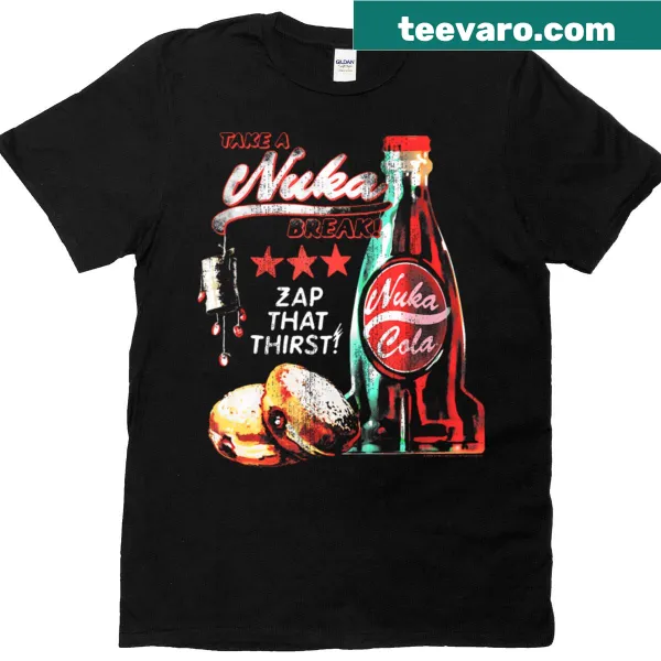 Playful Fallout T-shirt with 'Take A Nukas Colas Break' text