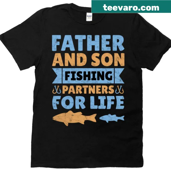 Funny T-shirt stating 'Fishing Partners For Life' with fishing graphics