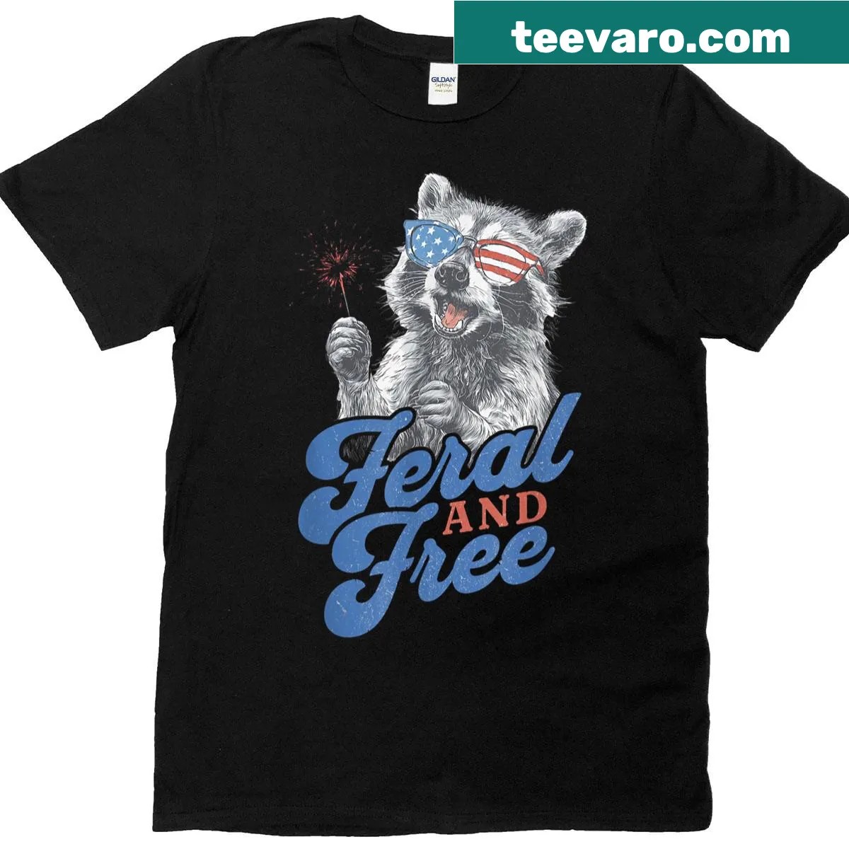 Patriotic raccoon t-shirt with text 'Feral And Free' for Fourth of July — on a men's t-shirt
