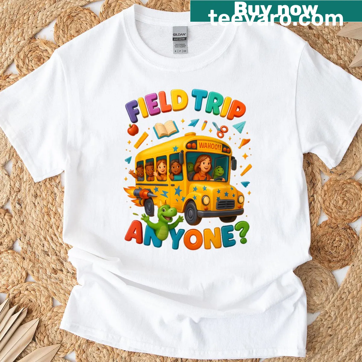 Cartoon T-rex with a school bus graphic on a t-shirt — on a men's t-shirt