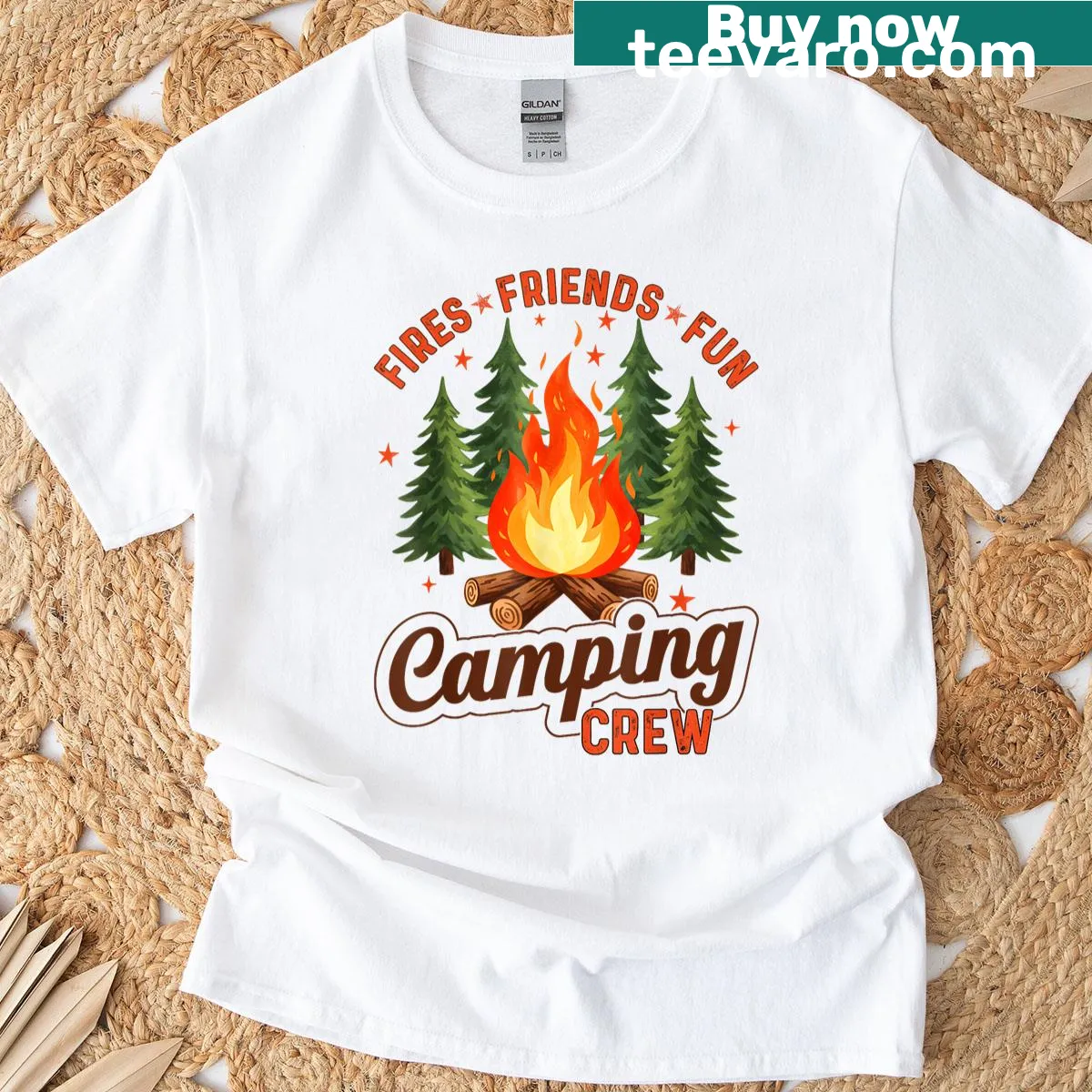 Retro camping crew shirt with fun summer vibes graphic — on a men's t-shirt