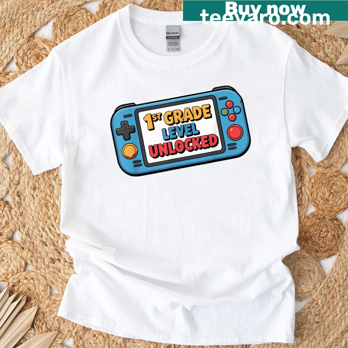 Graphic tee with 'Level Unlocked' text for first grade students — on a men's t-shirt