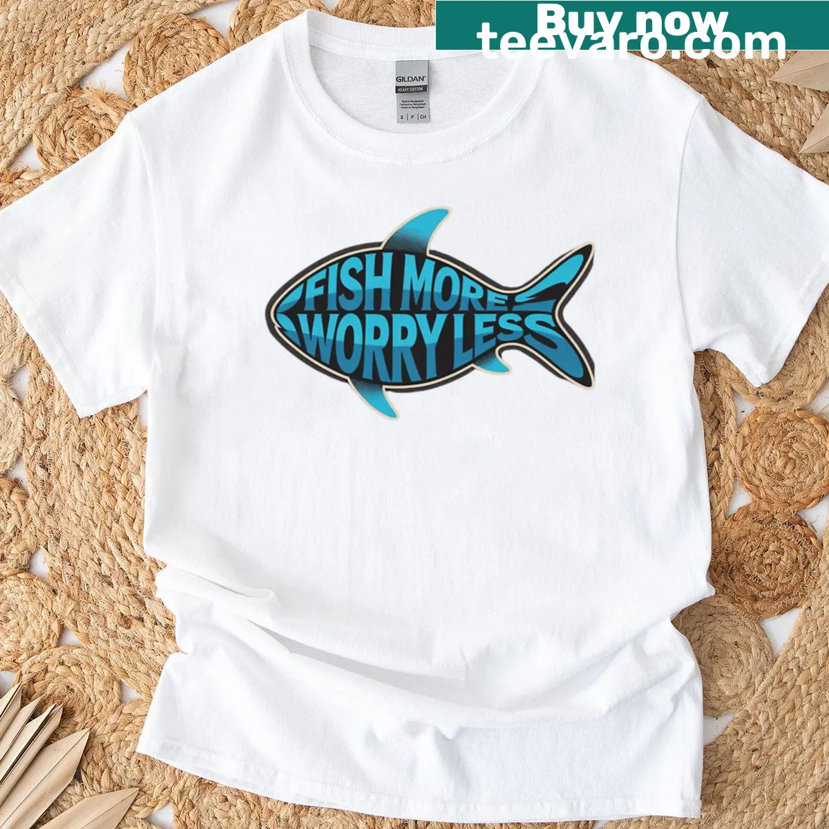 Funny fishing graphic T-shirt with 'Fish More Worry Less' text — on a men's t-shirt