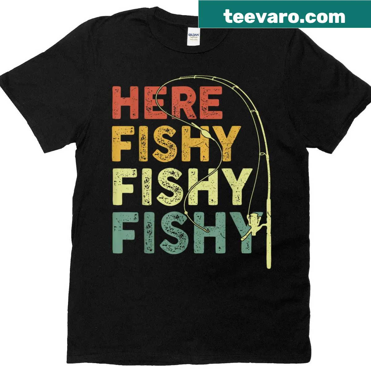 Fishing dad shirt featuring the phrase 'Here-fishy' and a bass fish graphic — on a men's t-shirt