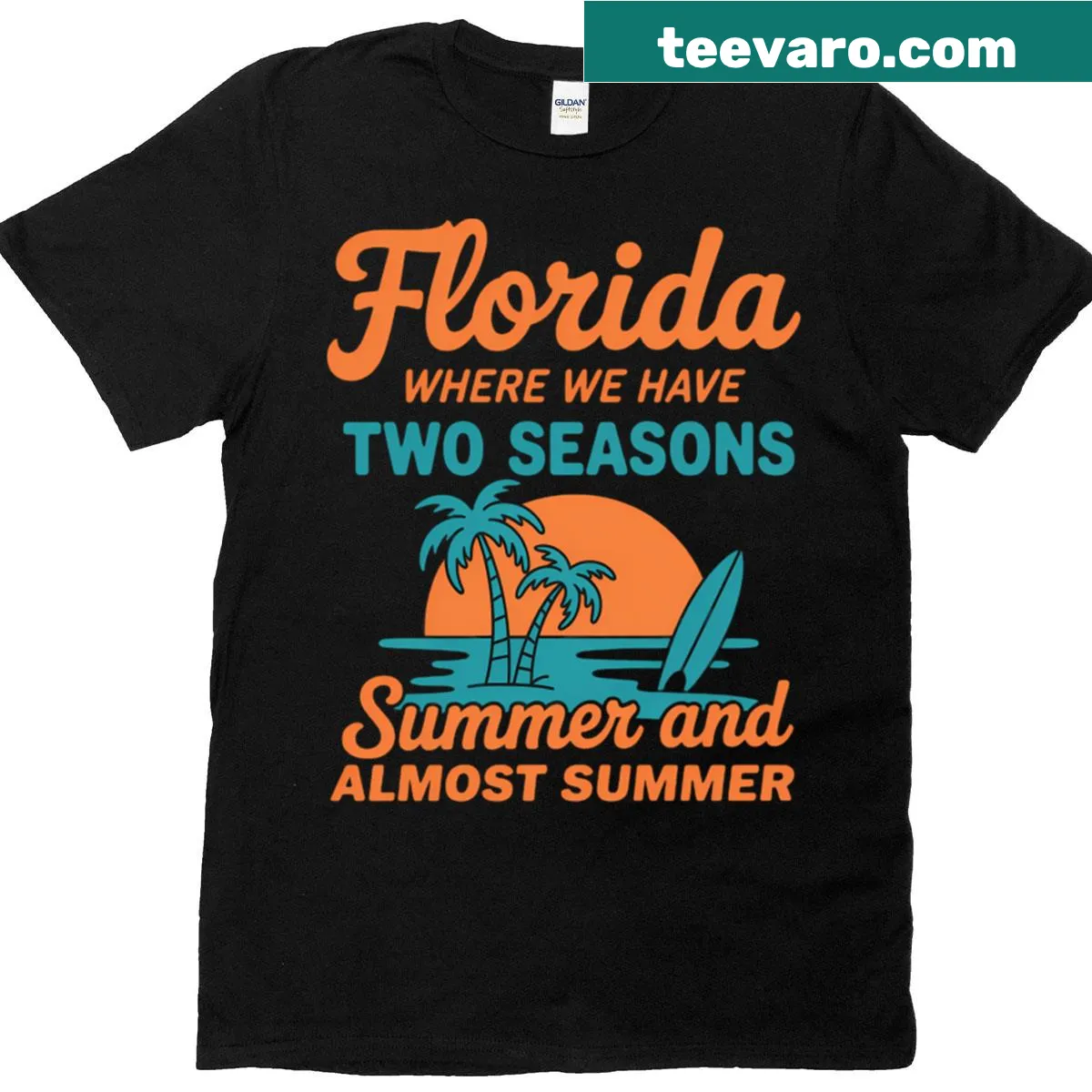 T-shirt with a palm tree graphic and the phrase 'Almost Summer' — on a men's t-shirt