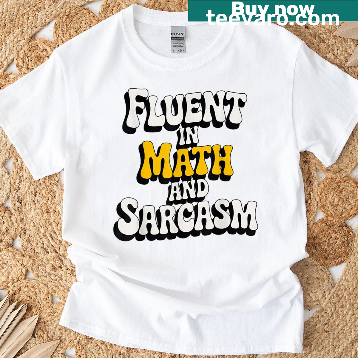Funny educator tee with 'Fluent In Math And Sarcasm' text in retro style — on a men's t-shirt