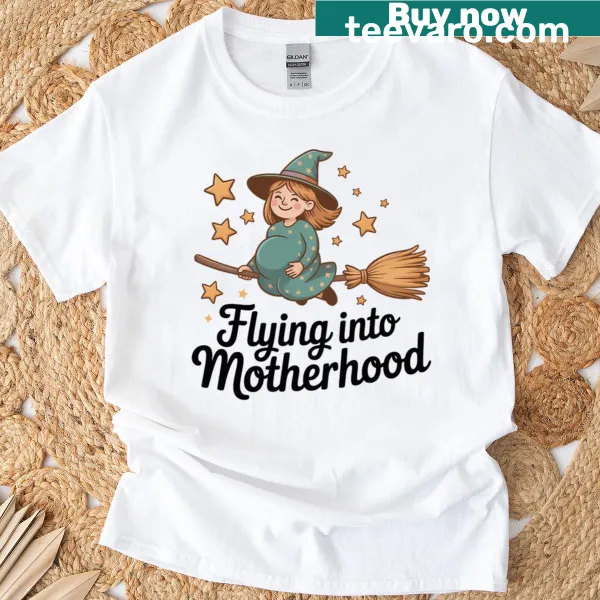 Inspirational T-shirt with 'Flying Into Motherhood' text for moms