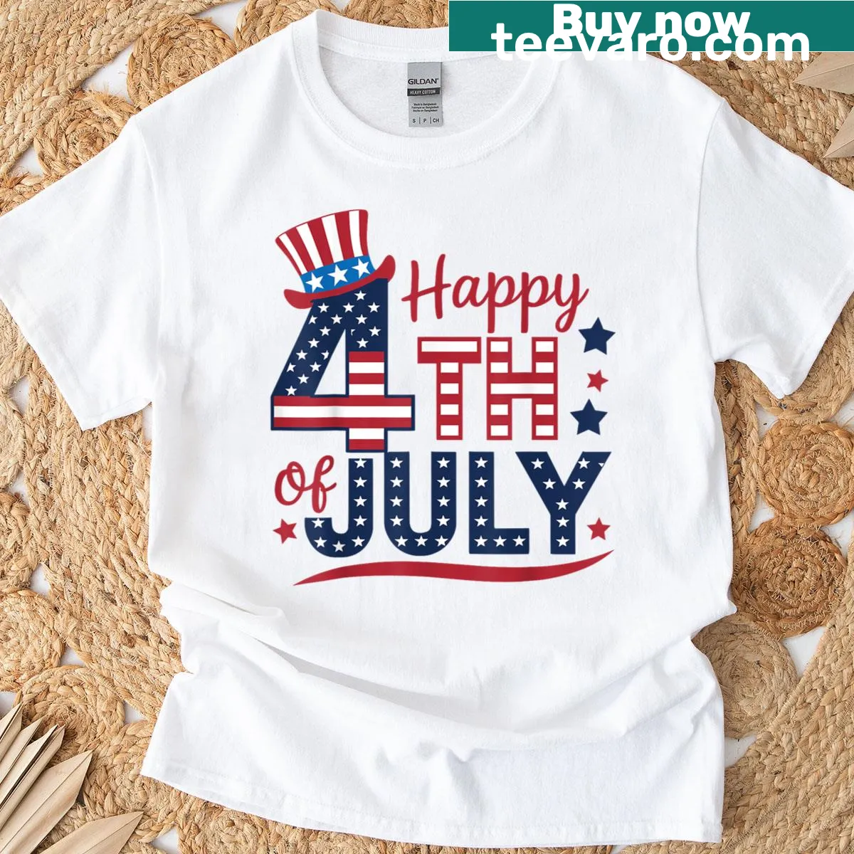 Text design celebrating Fourth of July — on a men's t-shirt