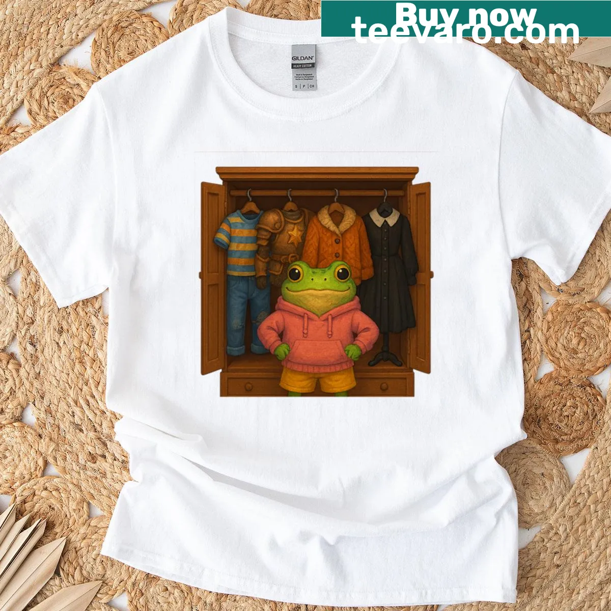 Illustration of frogs showcasing various moods on a t-shirt — on a men's t-shirt