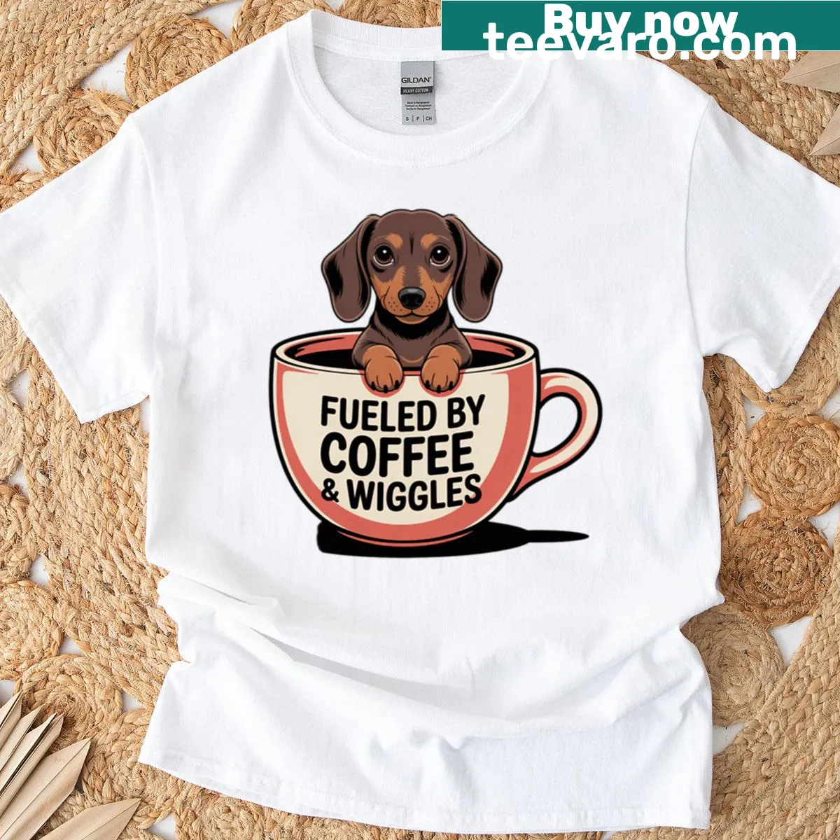 Whimsical dachshund and coffee-themed t-shirt. — on a men's t-shirt