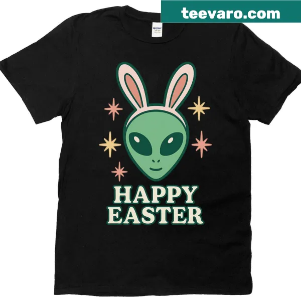 Alien Easter Bunny design T-shirt with UFO illustration