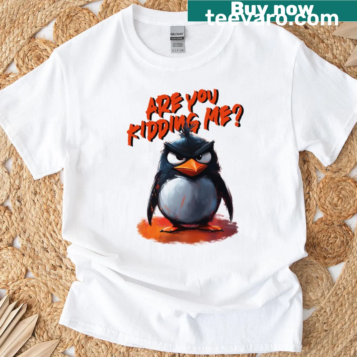 Cartoon angry penguin t-shirt featuring a sarcastic phrase — on a men's t-shirt