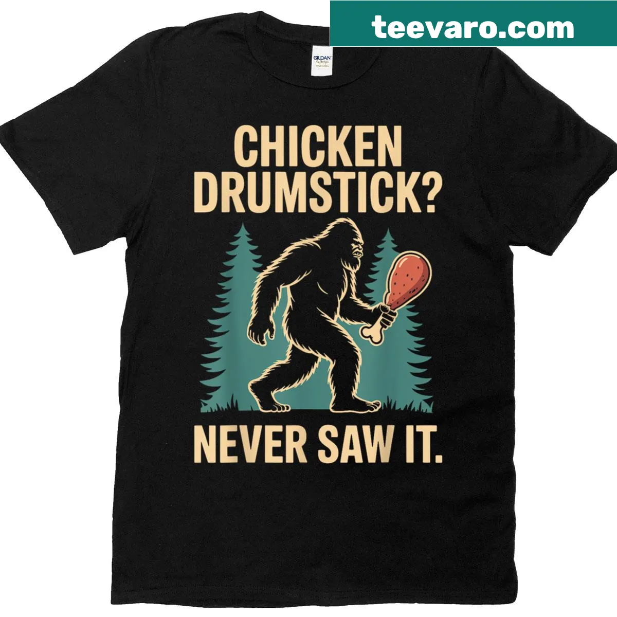 Bigfoot grilling chicken drumsticks camping T-shirt — on a men's t-shirt