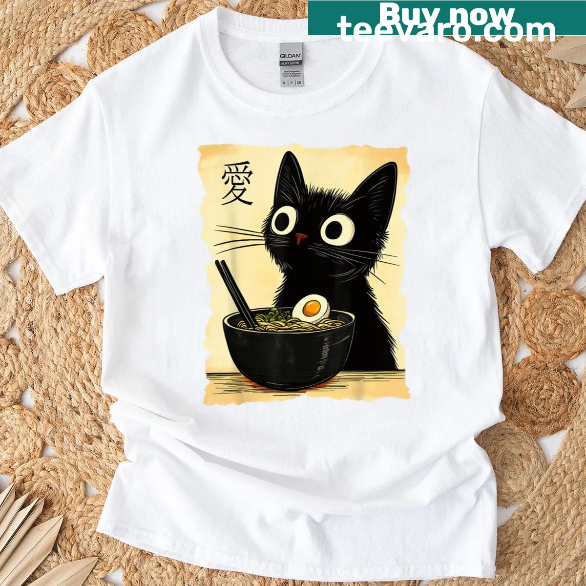 Cute anime cat ramen graphic t-shirt — on a men's t-shirt