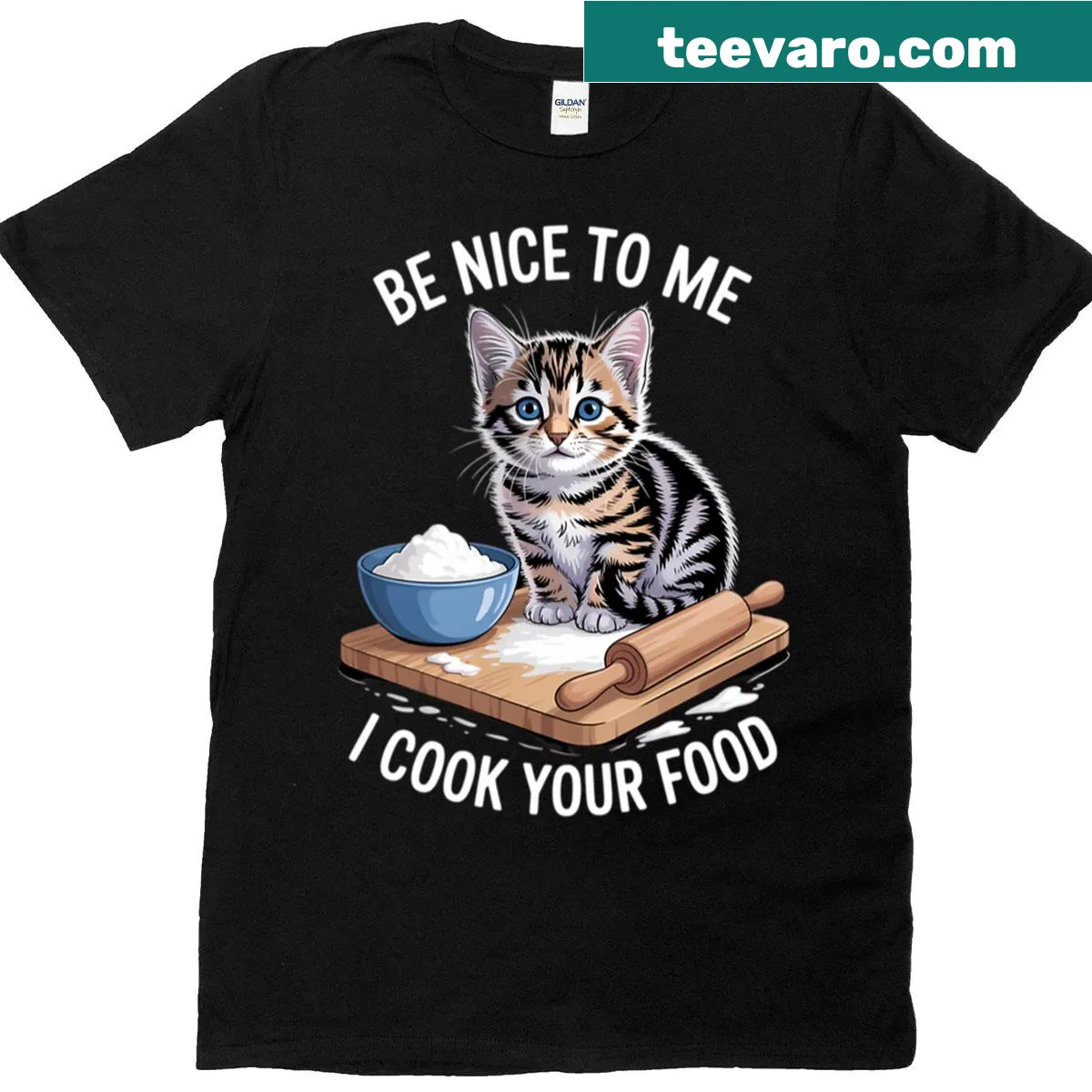 Funny chef cat t-shirt with playful cooking graphics — on a men's t-shirt