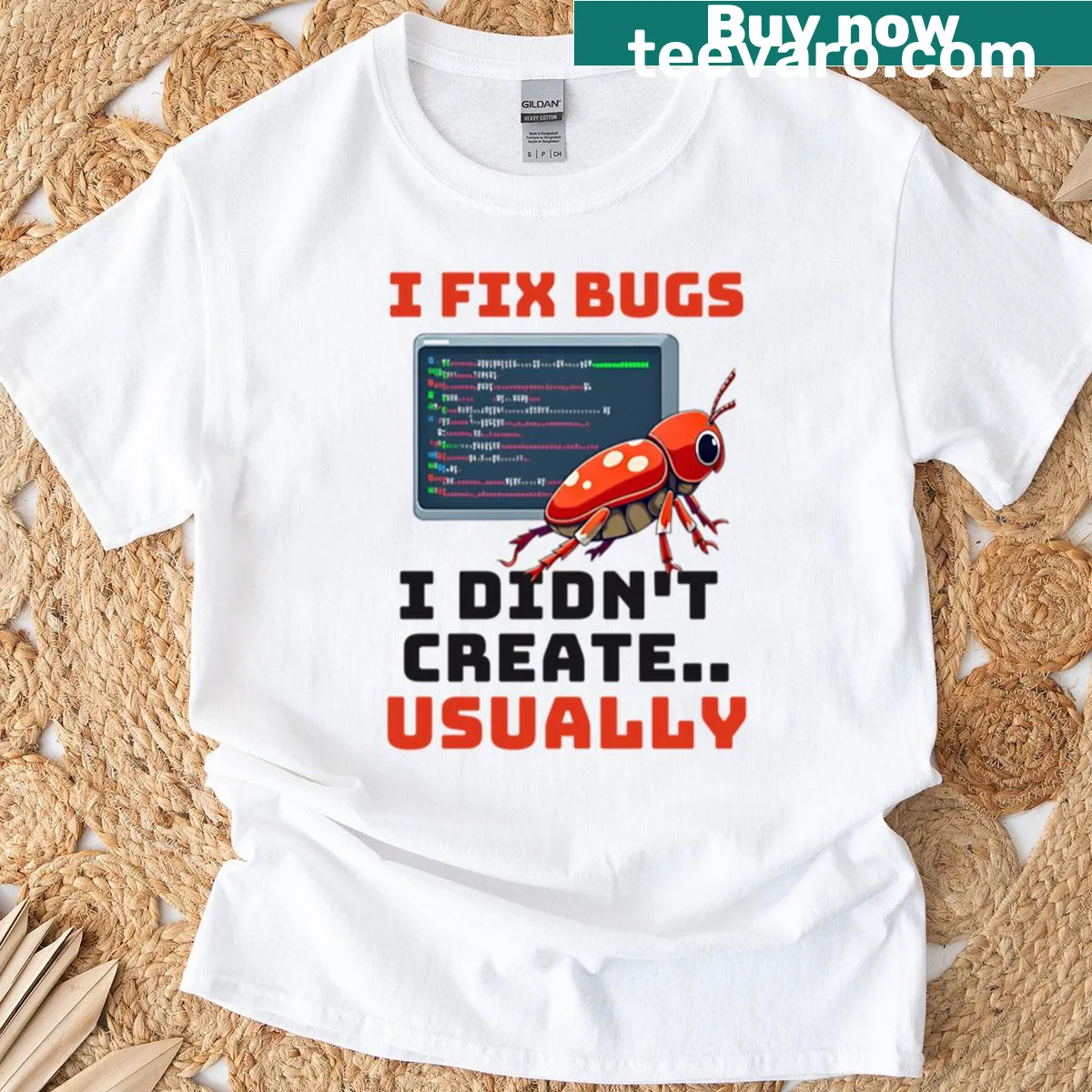 Funny programmer t-shirt with bug fixing slogan — on a men's t-shirt