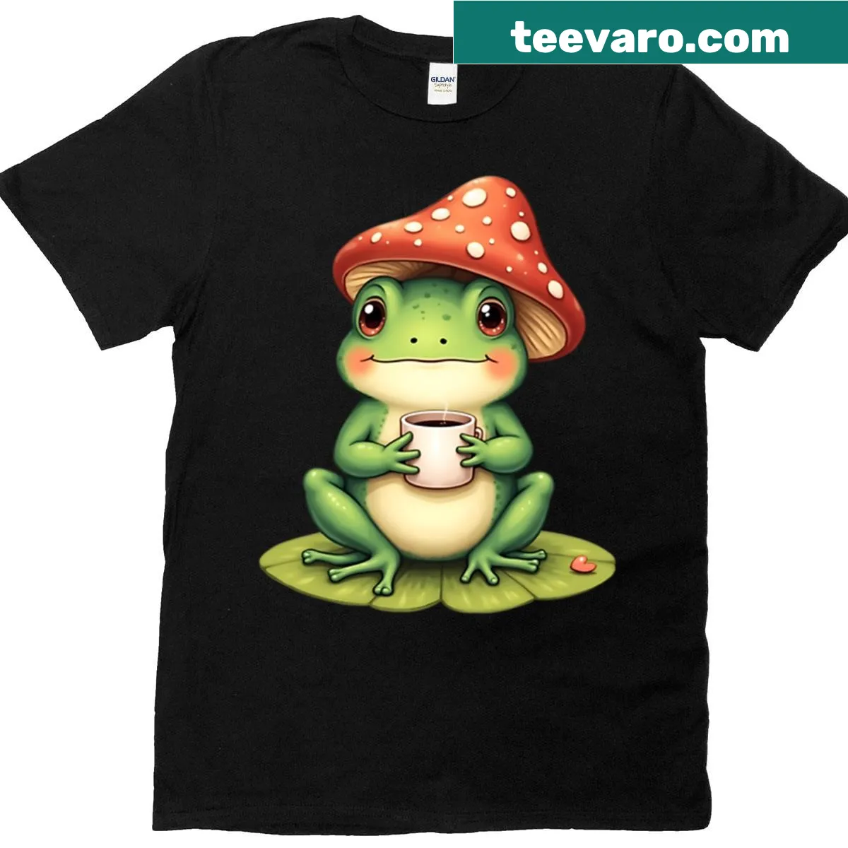 Oversized t-shirt featuring a cute frog with a mushroom hat — on a men's t-shirt