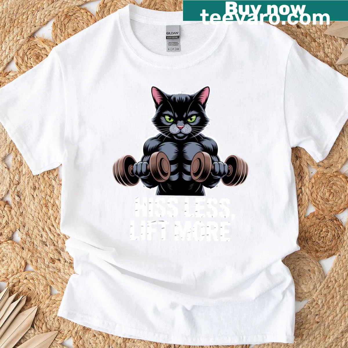 Funny gym t-shirt with cat design saying 'Hiss Less, Lift More' — on a men's t-shirt