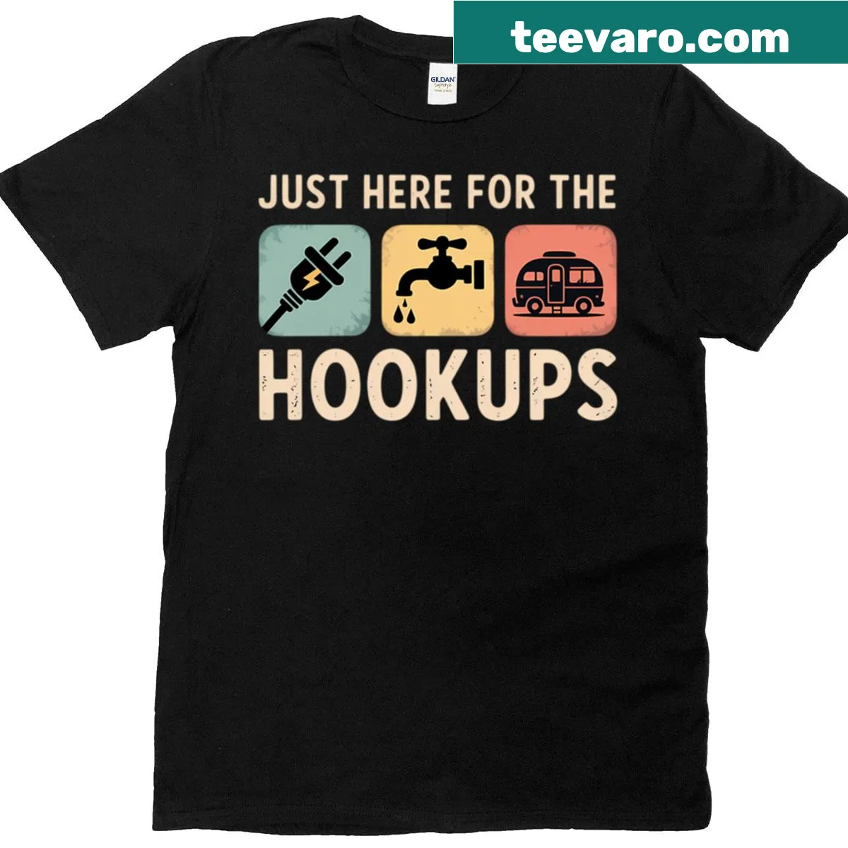 Humorous camping T-shirt with a playful hookup slogan for couples — on a men's t-shirt