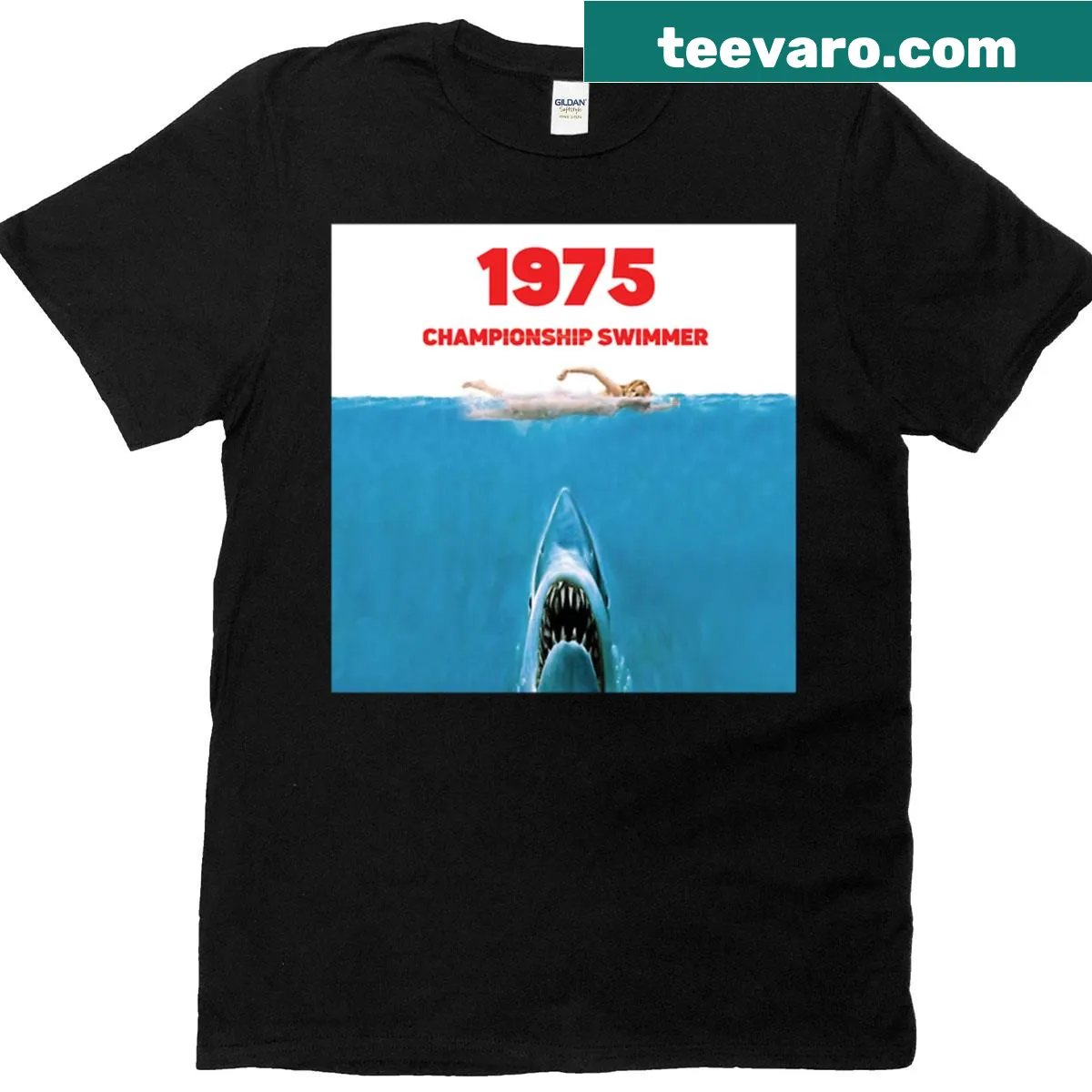 Vintage-style t-shirt with Jaws poster parody graphic — on a men's t-shirt