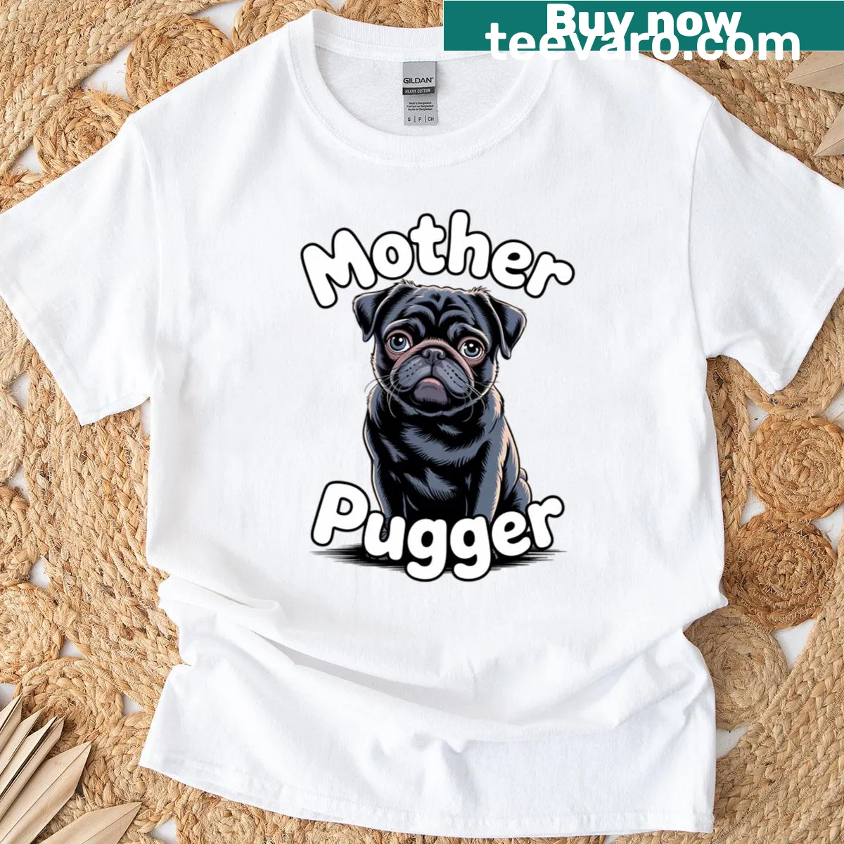 Funny t-shirt for pug lovers featuring the phrase Mother Pugger in bold typography. — on a men's t-shirt