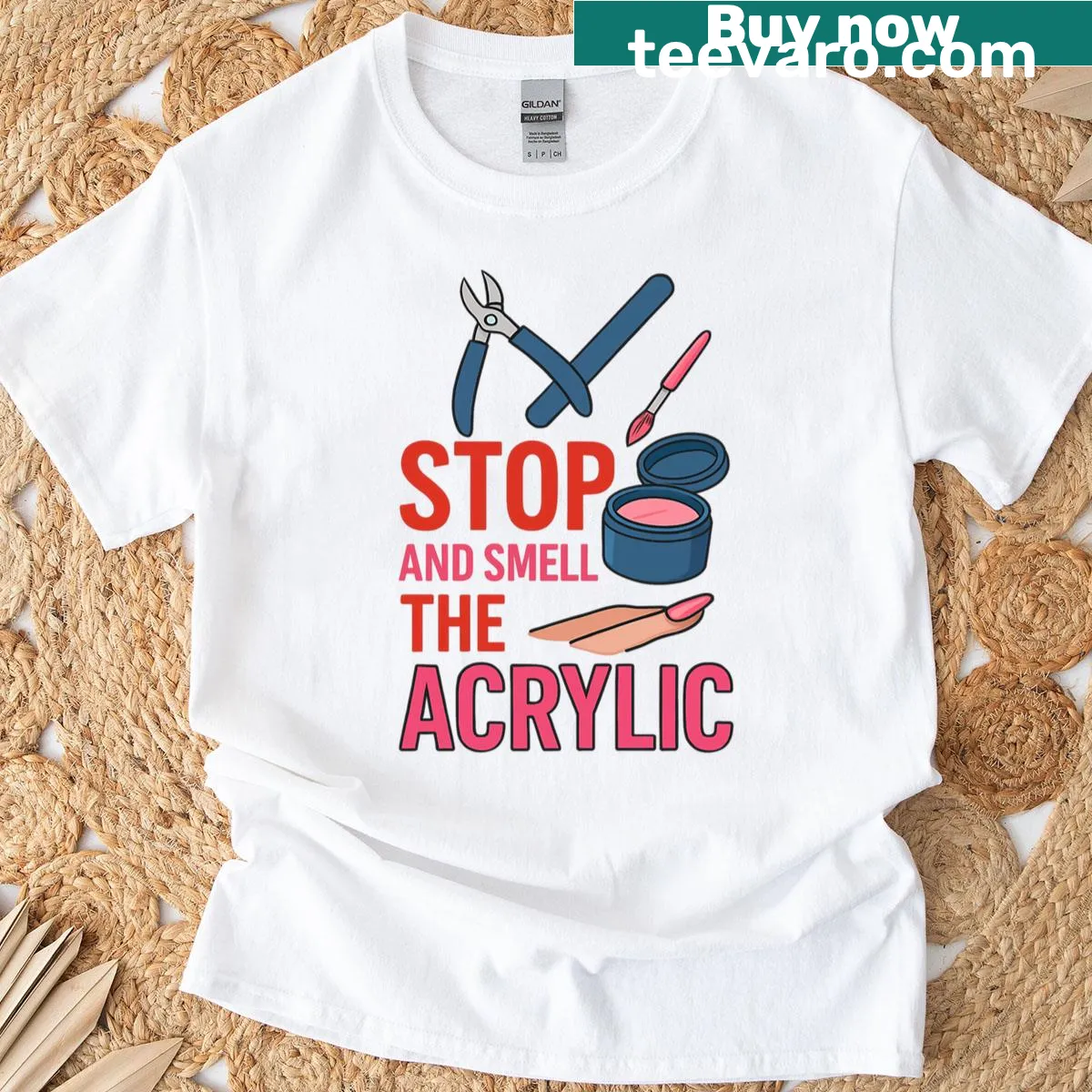 Funny nail tech t-shirt with the quote Stop And Smell Acrylic in bold typography. — on a men's t-shirt