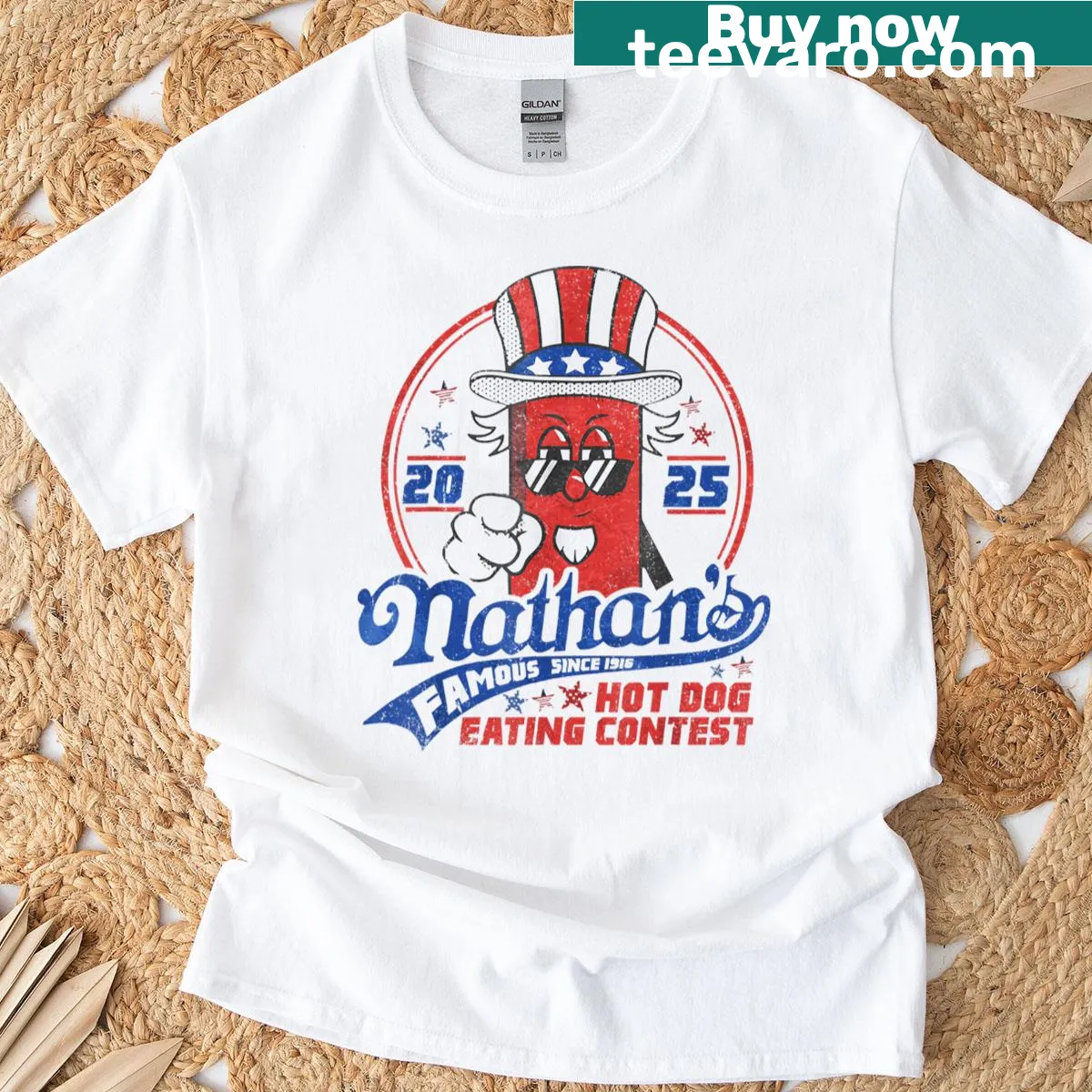 Funny t-shirt for Nathan's Famous Hot Dog Eating Contest with playful typography. — on a men's t-shirt