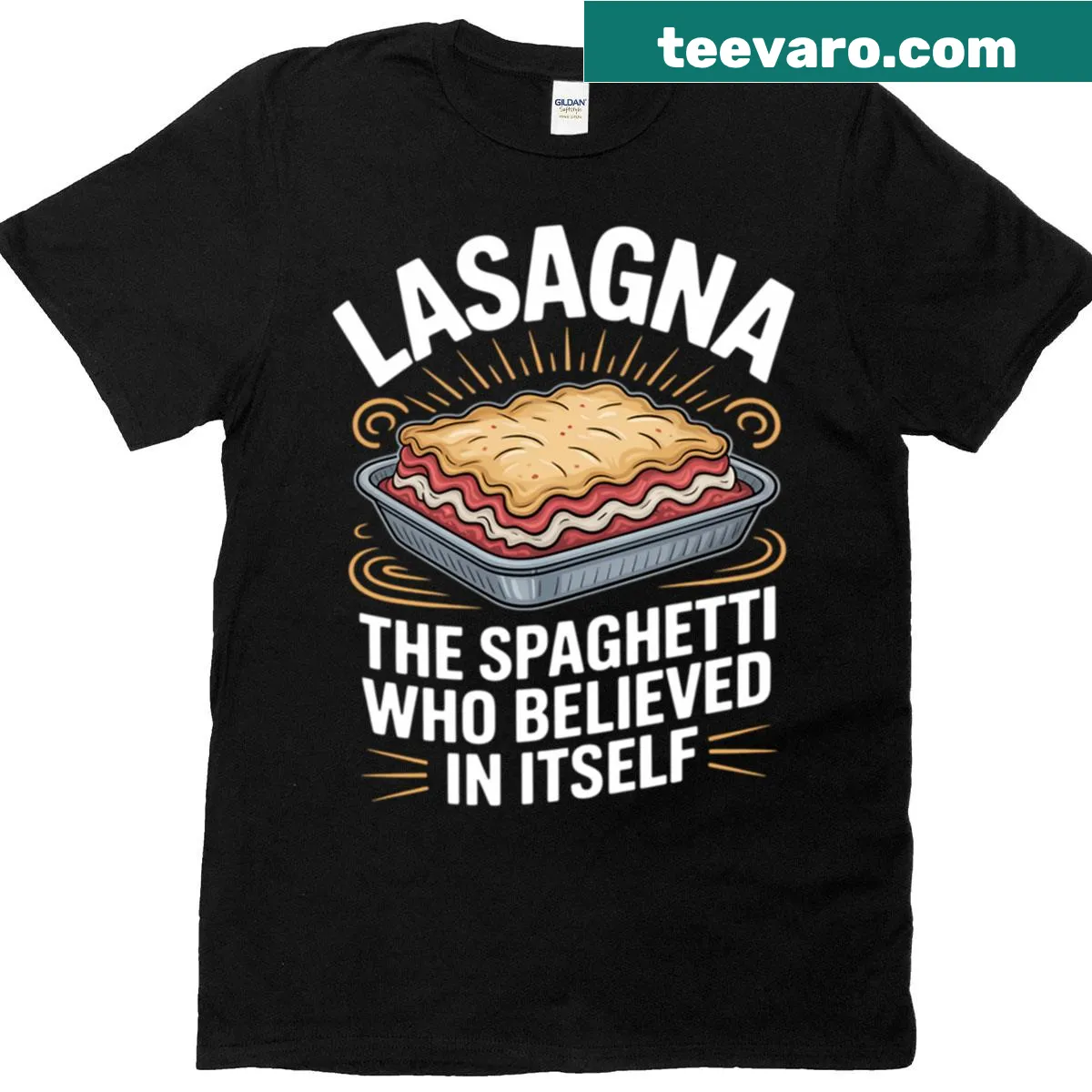 Funny cooking t-shirt featuring various pasta designs — on a men's t-shirt