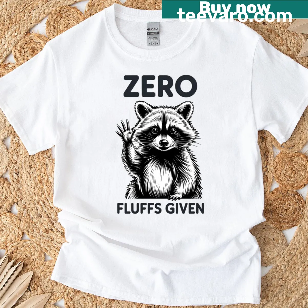 Sarcastic t-shirt with a raccoon graphic and the phrase 'Zero Fluffs Given' — on a men's t-shirt