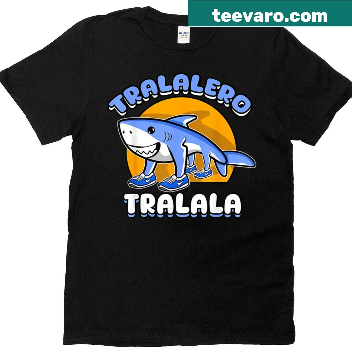 Trendy meme-inspired shark graphic on a casual t-shirt — on a men's t-shirt