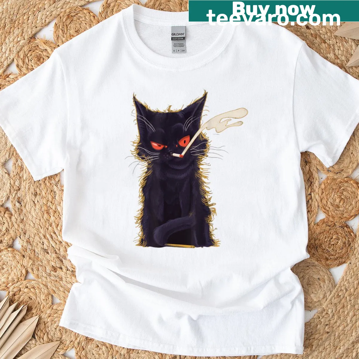 Funny black cat face graphic t-shirt — on a men's t-shirt