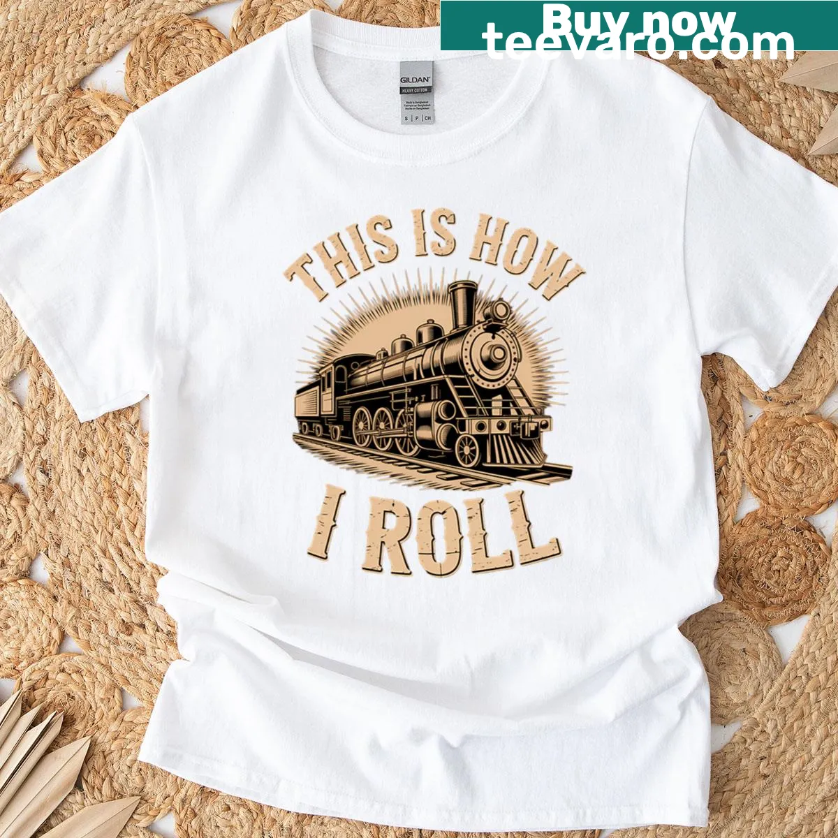 Funny steam train graphic t-shirt — on a men's t-shirt