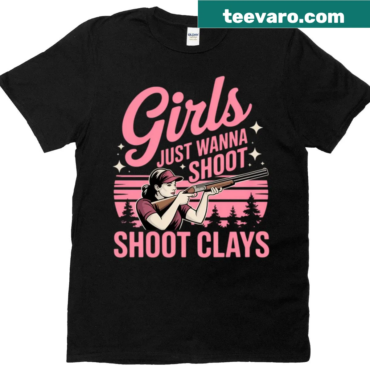 Funny T-shirt with Girls Just Wanna Shoot Clays slogan for skeet shooting — on a men's t-shirt