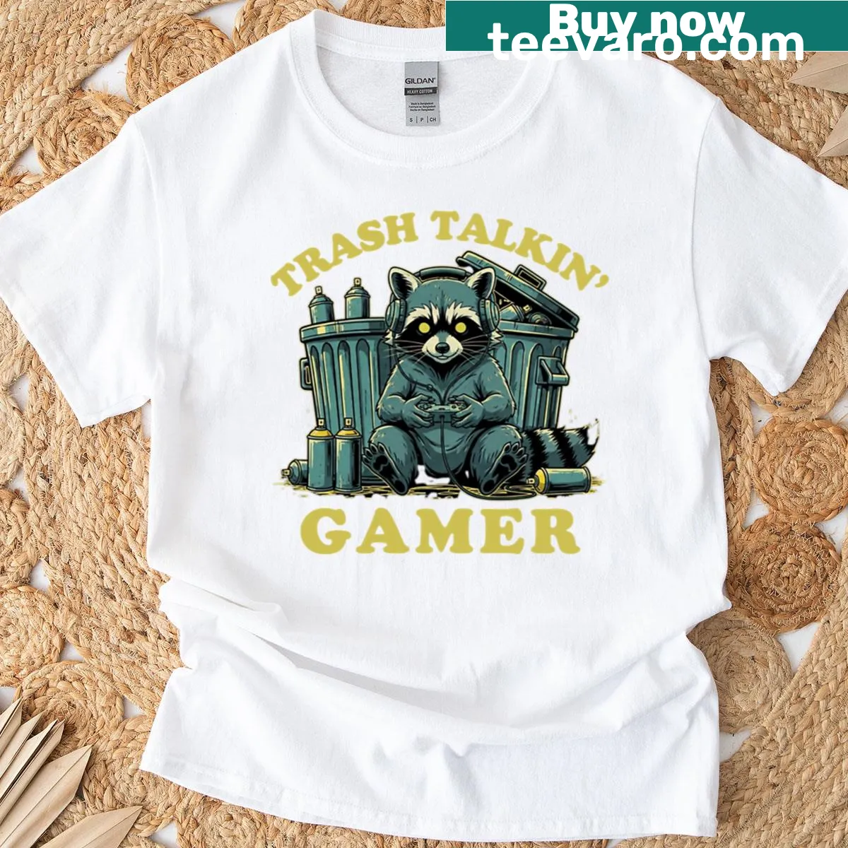 Funny raccoon graphic with gaming text t-shirt — on a men's t-shirt
