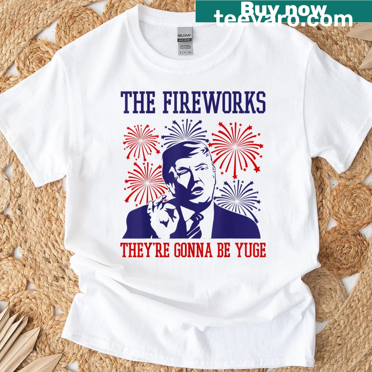 Funny Trump quote and fireworks graphic t-shirt — on a men's t-shirt