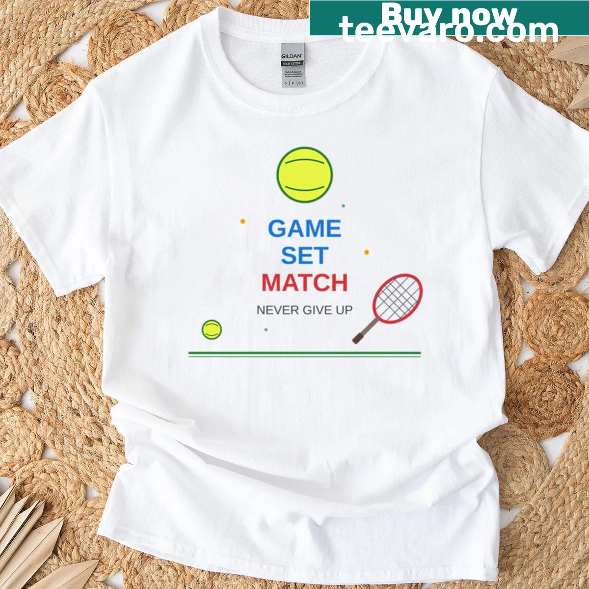 Motivational tennis t-shirt with 'Never Give Up' quote — on a men's t-shirt