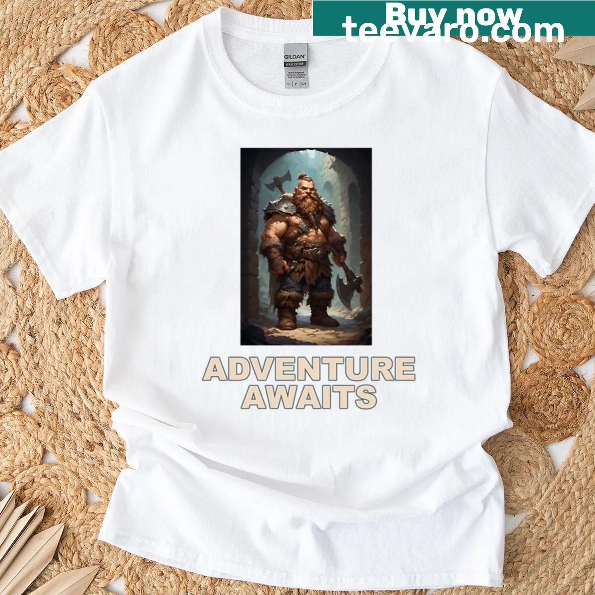 Adventure Awaits t-shirt featuring a delving dwarf for gamers — on a men's t-shirt