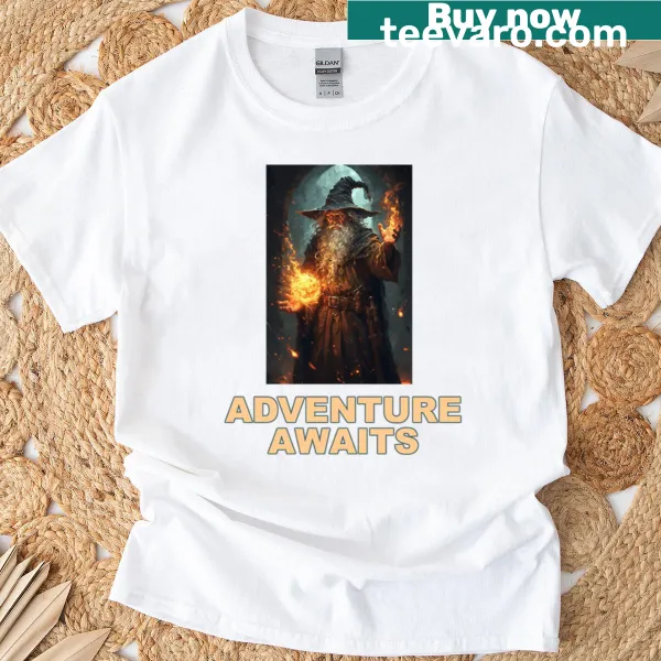 Adventure Awaits t-shirt featuring a wise old wizard illustration