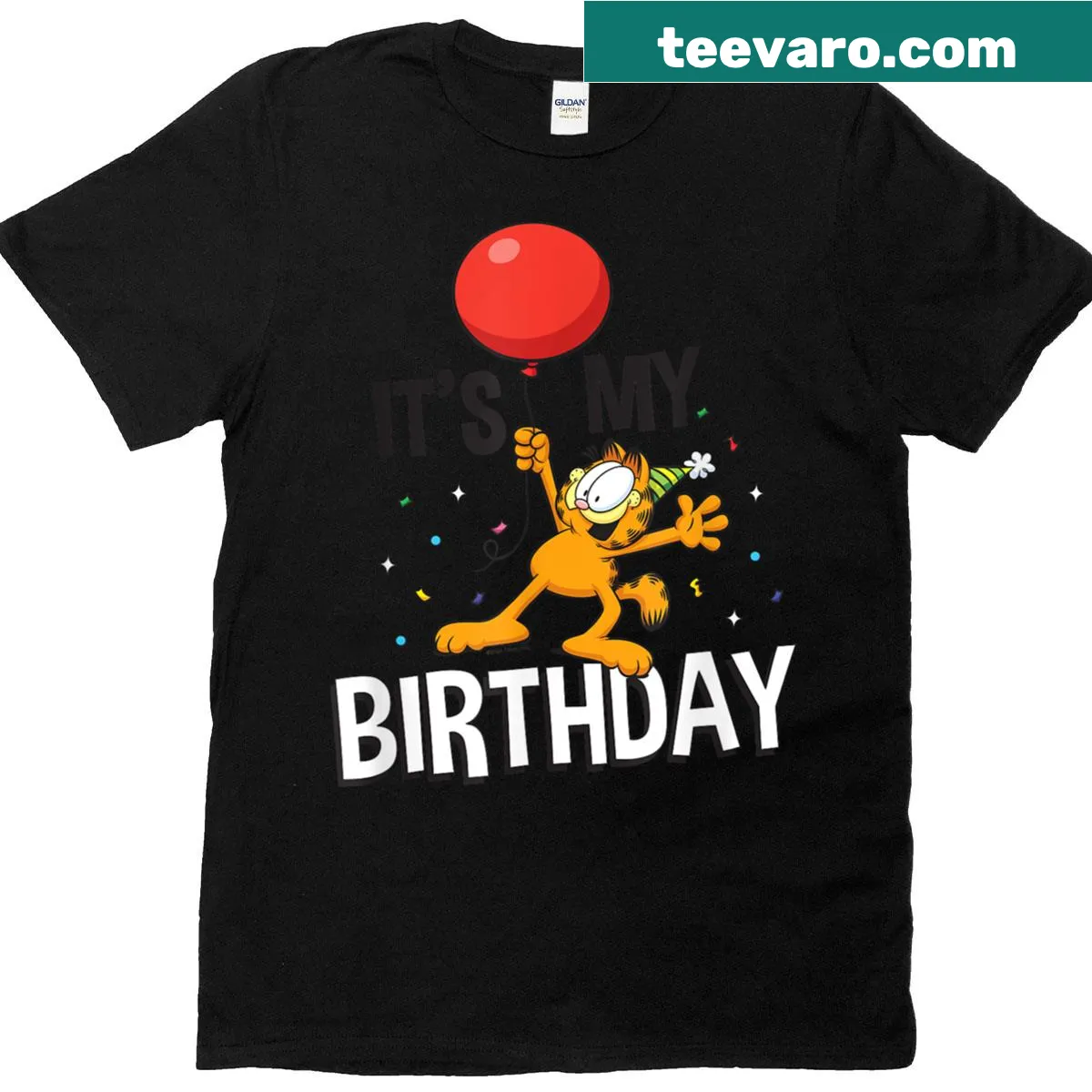 Garfield birthday celebration T-shirt with confetti design — on a men's t-shirt