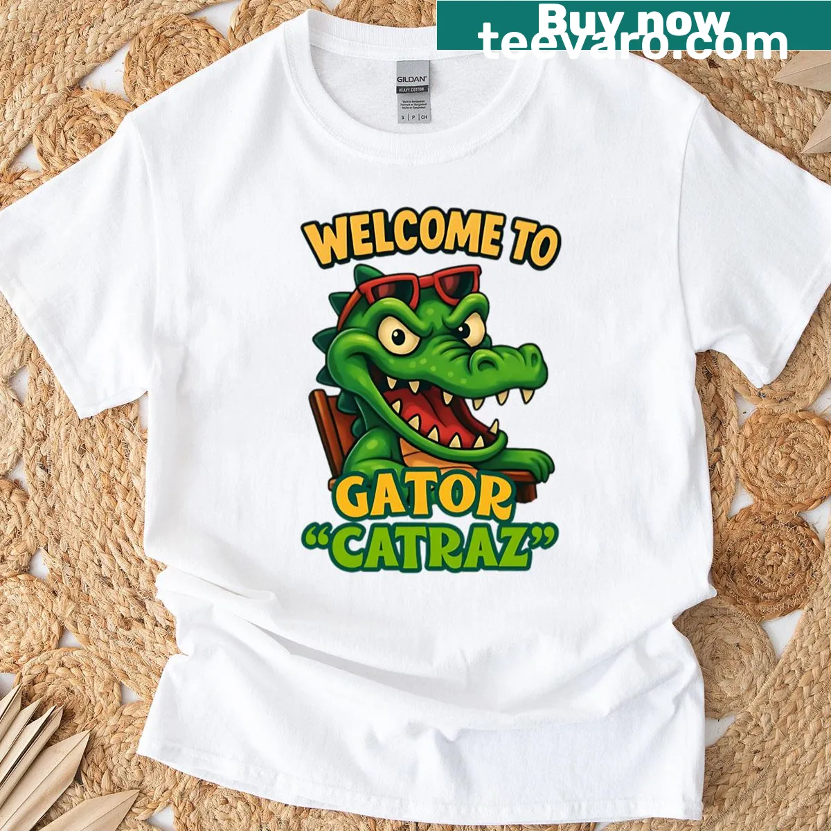 Whimsical t-shirt featuring Gatorcatraz design with a gator and a cat — on a men's t-shirt