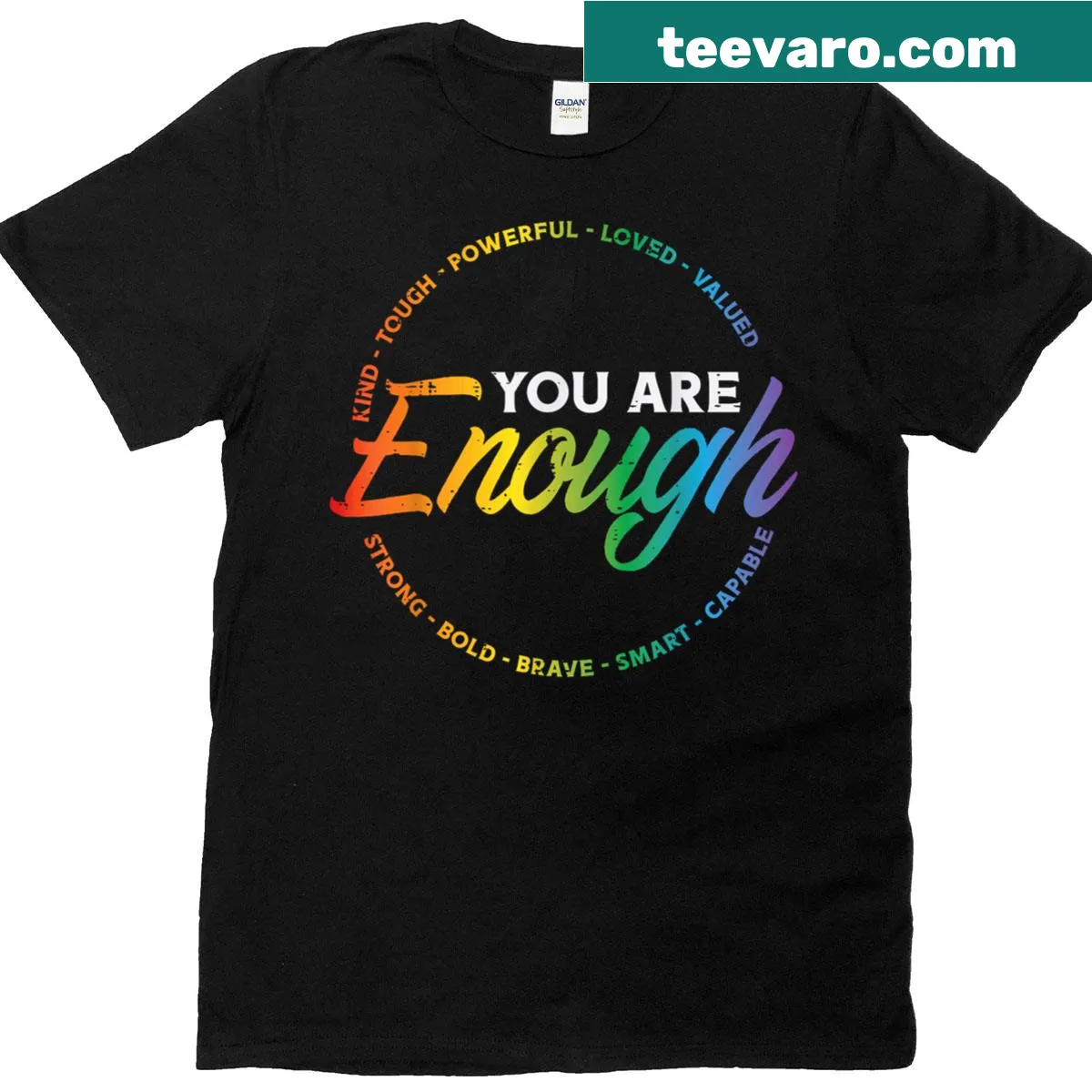 Inspirational T-shirt with 'You Are Enough' and a rainbow pride flag — on a men's t-shirt