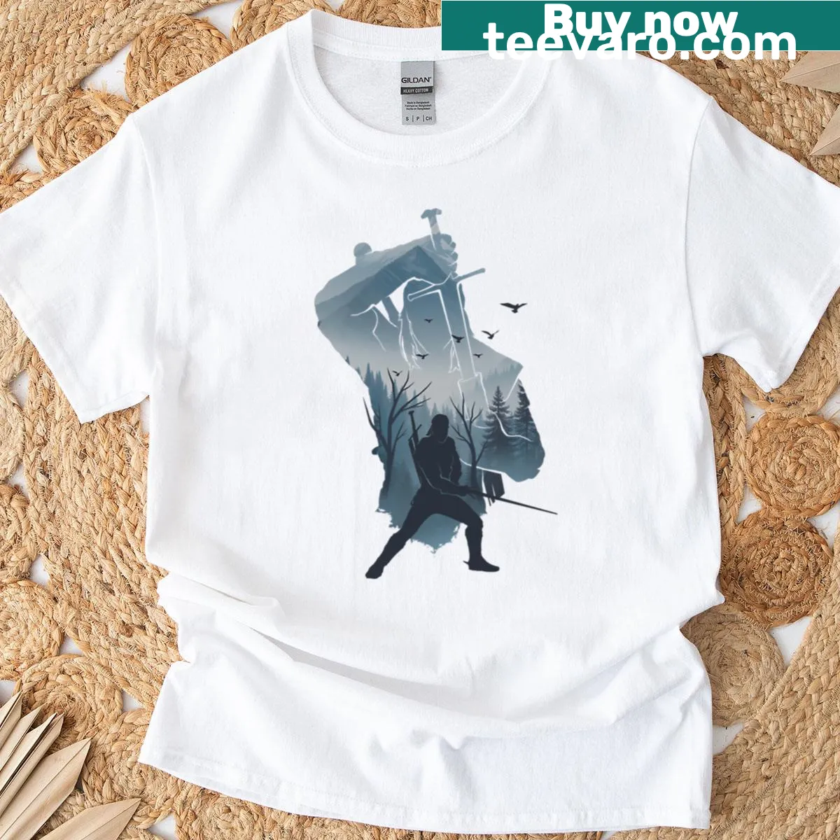 Illustration of Geralt from Witcher with sword and intense gaze — on a men's t-shirt