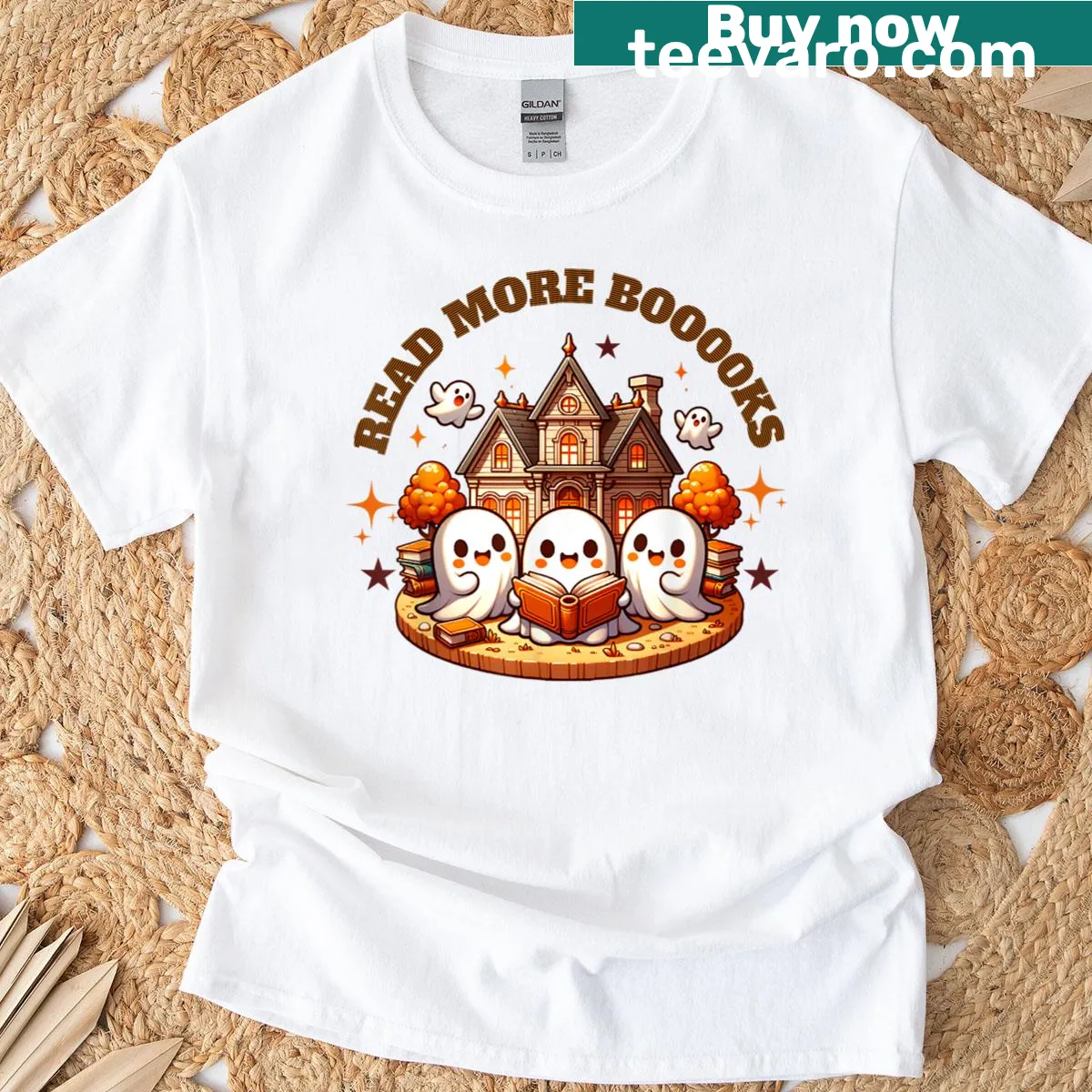 Funny T-shirt with ghost and 'Read More Books' text, aimed at teachers — on a men's t-shirt