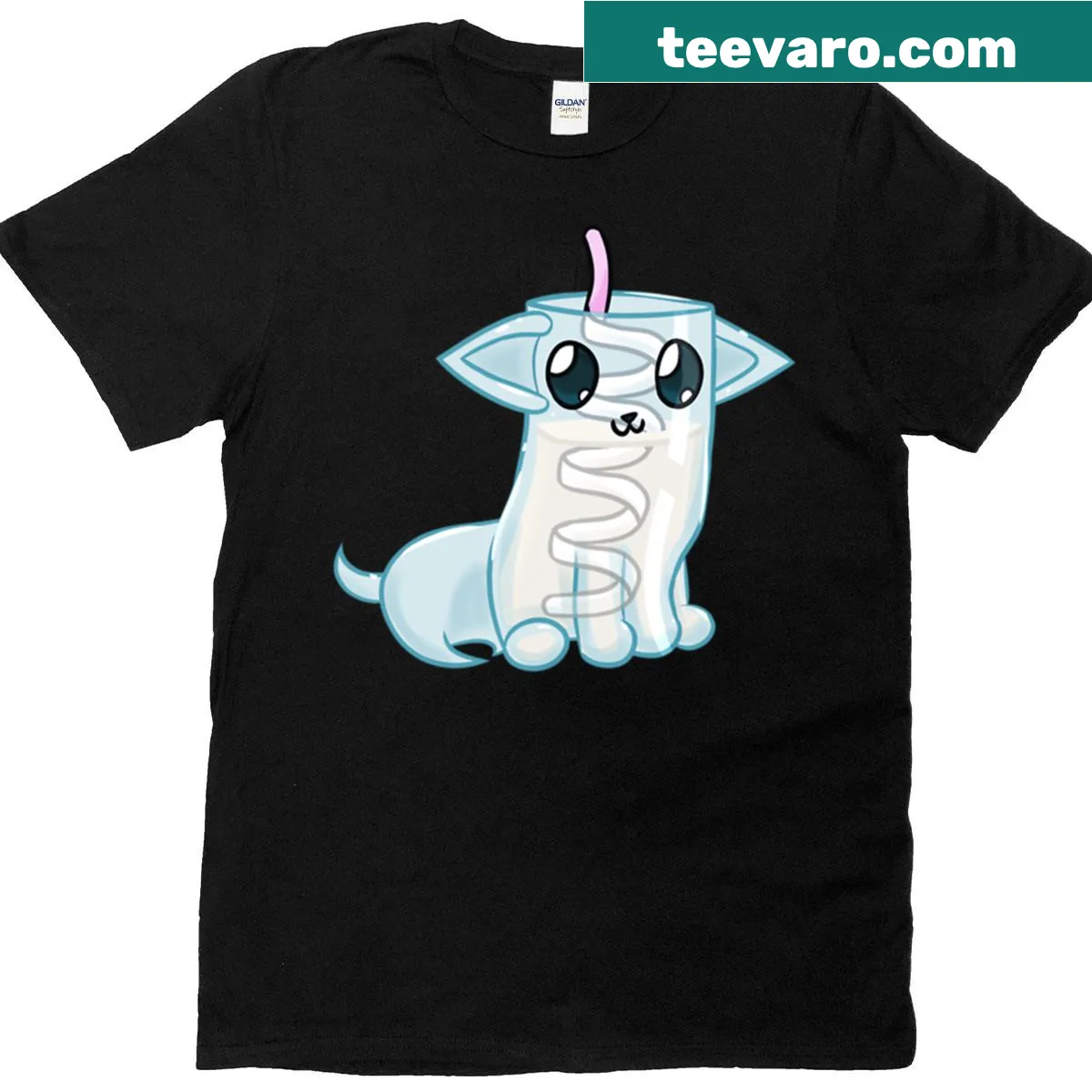 Cute cat t-shirt featuring a blue version with glass of milk. — on a men's t-shirt